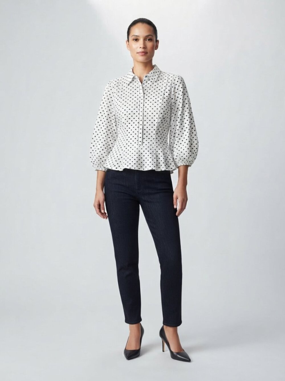 Max Studio Polka Dot Peplum Hem Blouse S Ecru White/Black NWT